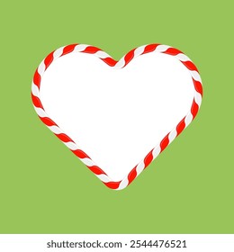 Vector Christmas candy heart frame with red and white stripes on green background. Xmas border. Sweet heart is symbol of love.