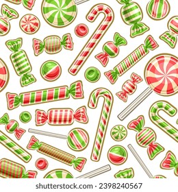 Vector Christmas Candy seamless pattern, decorative repeat background with illustration of christmas candy canes and bubble gums in foil package, square poster with flying flat lay noel minty candies