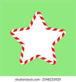Vector Christmas candy star frame with red and white stripes on green background. Xmas border.