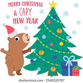 Vector Christmas capybara square card template. Cute capibara in Santa hat standing near fir tree with ornaments and presents. Winter holiday or New Year poster illustration. Comic trendy guinea pig