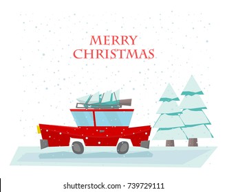 Vector christmas car with fir-tree on the roof