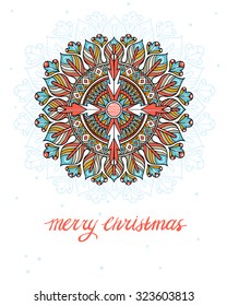 vector Christmas card with an abstract colorful snowflake and hand lettering