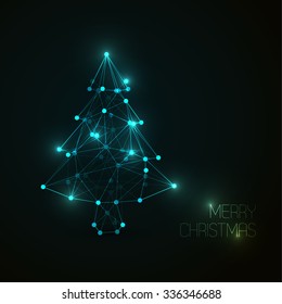 Vector christmas card with abstract christmas tree made from light lines and dots (low poly art)