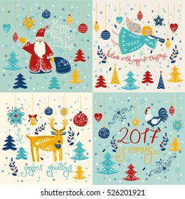 Vector Christmas card with ange, deer, santa claus, cock and lettering.Vector design for greeting cards and invitations.