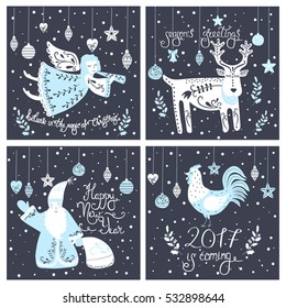 Vector Christmas card with ange, deer, santa claus, cock and lettering.  Vector design for greeting cards and invitations.