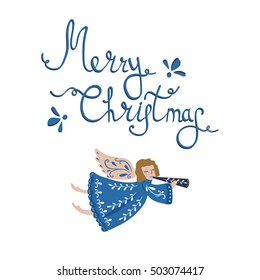 Vector Christmas card with angel and lettering.  Vector design for greeting cards and invitations.