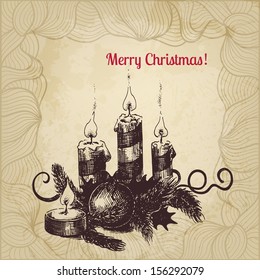 Vector Christmas card with artistic hand drawn candles, fir tree needles, winterberry and decorations