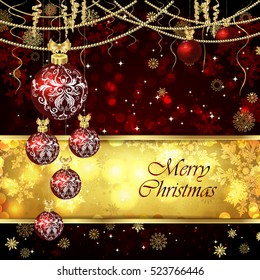 Vector Christmas card with Christmas balls, Christmas decor, snowflakes. Golden and red background.