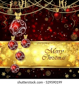 Vector Christmas card with Christmas balls, Christmas decor, snowflakes. Golden and red background.