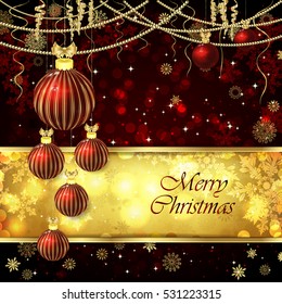 Vector Christmas card with Christmas balls, Christmas decor, snowflakes. Golden and red background.