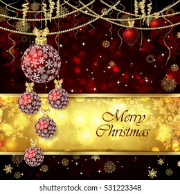 Vector Christmas card with Christmas balls, Christmas decor, snowflakes. Golden and red background.