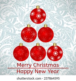 Vector Christmas card with Christmas balls in form of abstract Christmas tree on winter frost background. Eps10