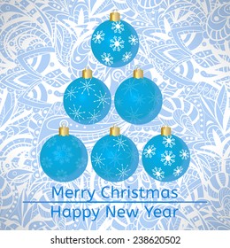 Vector Christmas card with Christmas balls in form of abstract Christmas tree on winter frost background. Eps10