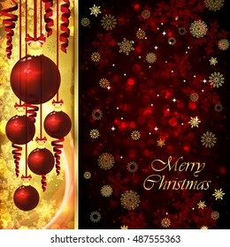 Vector Christmas card with Christmas balls, serpentine on golden and red background.