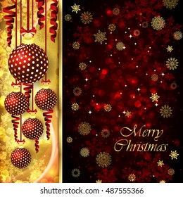 Vector Christmas card with Christmas balls, serpentine on golden and red background.