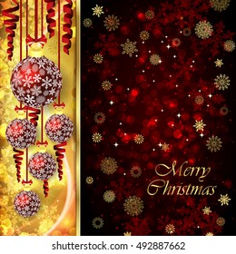 Tarjeta vectorial de Navidad con bolas de Navidad, serpentina sobre fondo dorado y rojo.