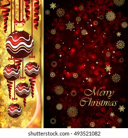 Vector Christmas card with Christmas balls, serpentine on golden and red background.