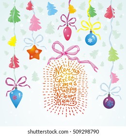Vector Christmas card with Christmas balls, trees, hand written text "Merry Christmas and Happy New Year" and garland. Winter background with hand drawing elements