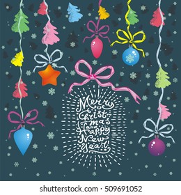 Vector Christmas card with Christmas balls, trees, hand written text "Merry Christmas and Happy New Year", snowflakes and garland. Winter background with hand drawing elements