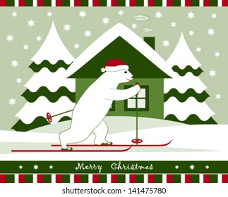 vector christmas card with bear skier and cottage