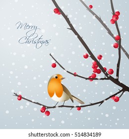 Tarjeta de Navidad vectorial con pájaro sentado en una rama con bayas rojas