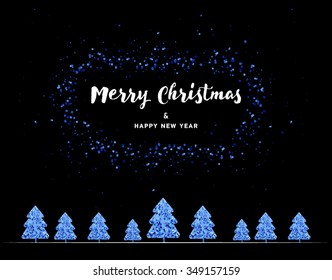 Vector Christmas card - blac background with gold foil stars and handwritten letters. New Year invintation. Golden fir-tree or Christmas tree.