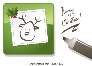 vector christmas card, black highlighter pen drawing reindeer on paper