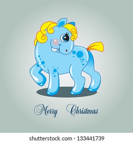 Vector Christmas card with a blue horse of symbol 2014