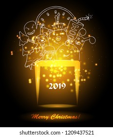 Vector Christmas card with box and hand drawn doodle elements: pig, pine,
snowman, clock, monster, mitten, ball. Sumbols of 2019 year
