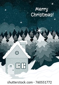 Vector christmas card with brick house in the pine forest in dark turquoise tones.