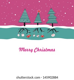 Vector Christmas card with bright Christmas trees, stars and snowflakes.