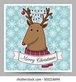 Vector Christmas card with cartoon deep wearing a sweater and Christmas balls on their horns against the backdrop of snowflakes. The inscription Merry Christmas on a white ribbon. Happy New Year.