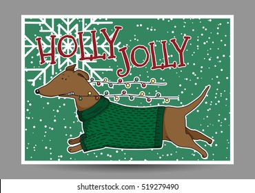 Vector Christmas card with a cartoon dog breed dachshund wearing a sweater. 2018 year of the dog.