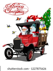 Vector Christmas card with cartoon retro Christmas delivery truck, Santa, Snowman and christmas lettering.