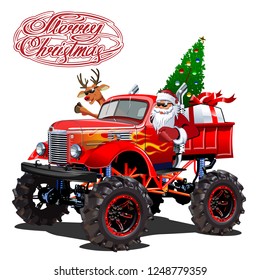 Vector Christmas card with cartoon retro Christmas monstertruck, Santa, reindeer and christmas lettering.