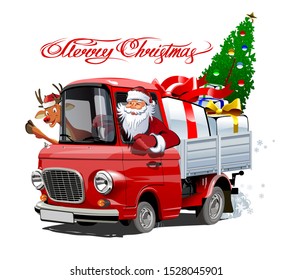 Vector Christmas card with cartoon retro Christmas delivery truck, Santa, reindeer and christmas lettering.