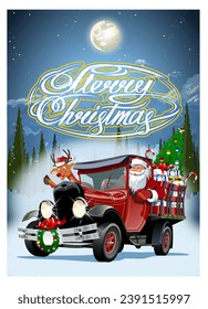 Vector Christmas card with cartoon retro Christmas delivery truck, Santa, reindeer and christmas lettering.