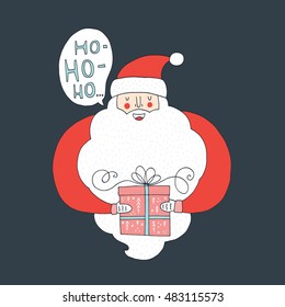Vector Christmas card with cartoon Santa Claus and handdrawn lettering. Xmas design for greeting card. Unique handdrawn holiday illustration isolared on background.