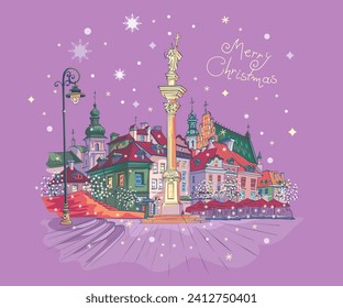 Vector Christmas card with Castle Square in Warsaw Old town, Poland.