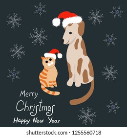 vector of Christmas card with cat and dog in Santa Claus hat