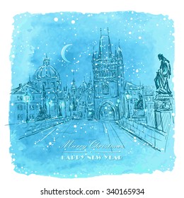 Vector Christmas card - Charles Bridge in Prague - Czech Republic at night lighting