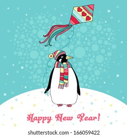 Vector Christmas card with a cheerful colorful penguin and kite.