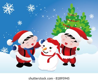 Vector - Christmas card, Children and Snowman to celebrate Christmas