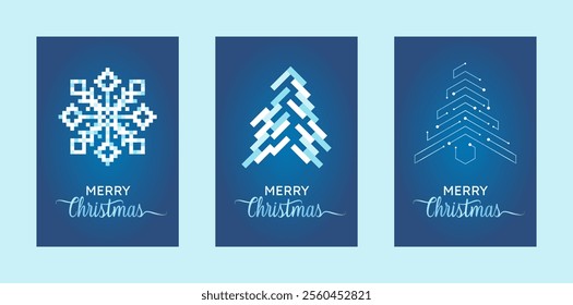 Vector christmas card collection - pixel snowflake, circuit christmas tree. Minimalistic style for IT technology, technical, electronic, digital, system integration companies.
