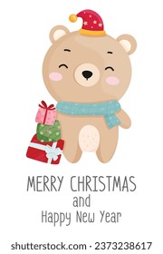 Vector Christmas card, cute bear and gift box on white background and message of Merry Christmas