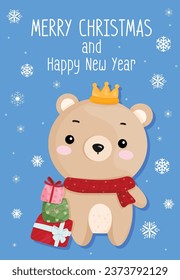 Vector Christmas card, cute bear and gift box on blue background and message of Merry Christmas and Happy New Year