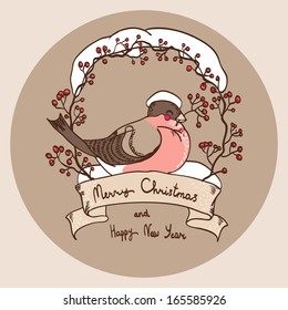 Vector Christmas card with cute bullfinch