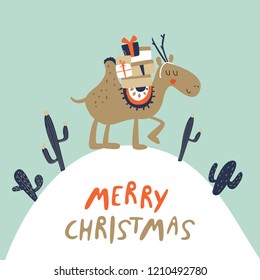 Vector Christmas card with cute camel in cartoon style