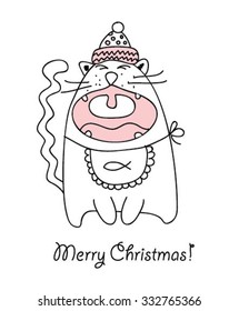 Vector Christmas card of Cute Cartoon Doodle Cat