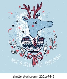 Vector Christmas card  with a cute Christmas deer